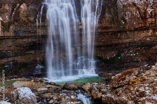 Beautiful Waterfall Vallesinella in Madonna di Campiglio in the autumn time, National Park Adamello-Brenta,Trentino,Italy Dolomites