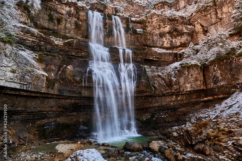 Obraz premium Beautiful Waterfall Vallesinella in Madonna di Campiglio in the autumn time, National Park Adamello-Brenta,Trentino,Italy Dolomites