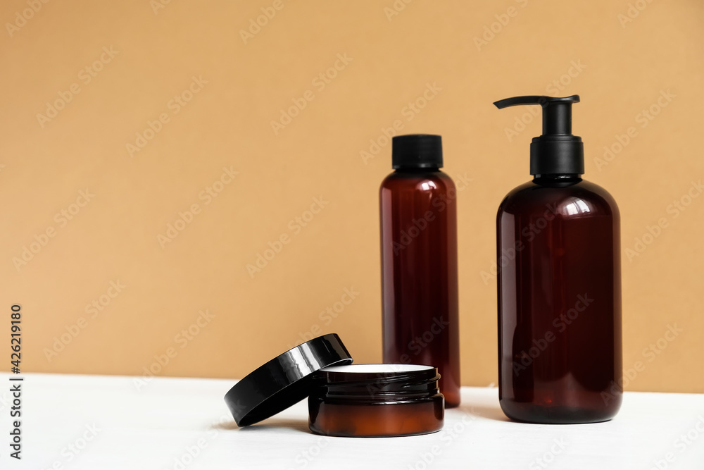 Natural beauty products. Mineral organic oil. Eco cosmetic cream, serum, skin care blank bottle. 