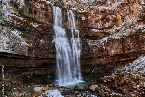 Beautiful Waterfall Vallesinella in Madonna di Campiglio in the autumn time, National Park Adamello-Brenta,Trentino,Italy Dolomites