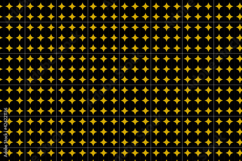 Patrón de estrellas doradas de cuatro puntas creando efecto de círculos negros en negativo