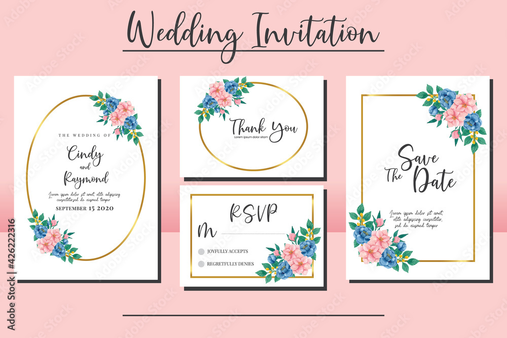 Floral Frame Wedding invitation set, floral watercolor hand drawn Peony and Magnolia Flower design Invitation Card Template