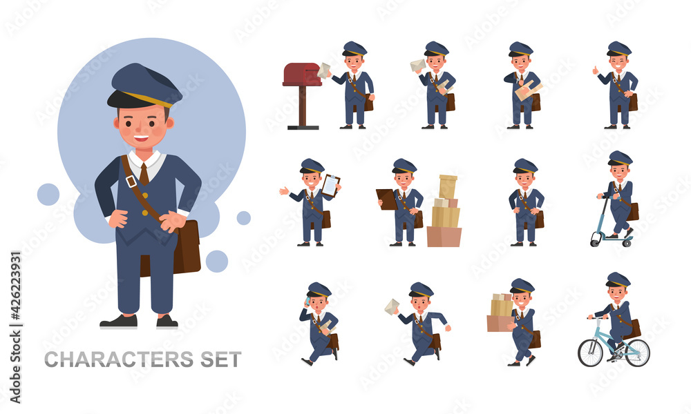 Set of Postman kid boy character vector design. Presentation in various action with emotions, running, standing and walking.