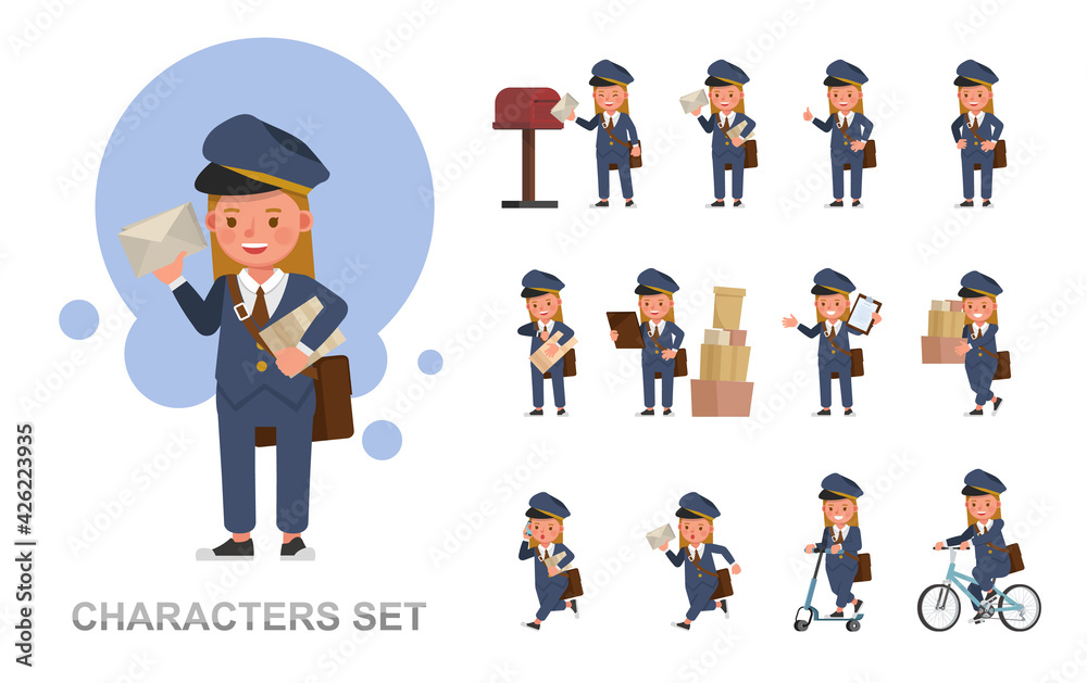 Set of Postwoman kid girl character vector design. Presentation in various action with emotions, running, standing and walking.
