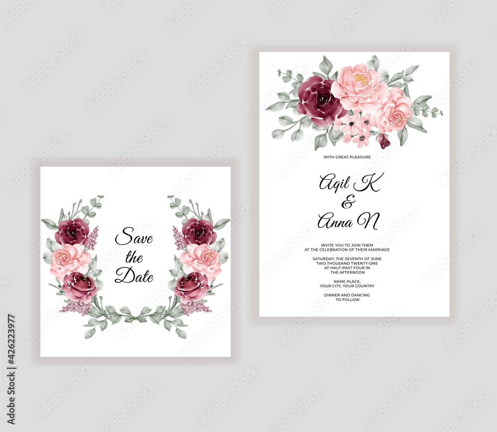 Beautiful watercolor bouquet floral wedding invitation card