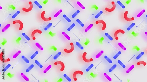 4K Seamless loop with multicolored simple moving geometric shapes on the neon background. Seamless loop
