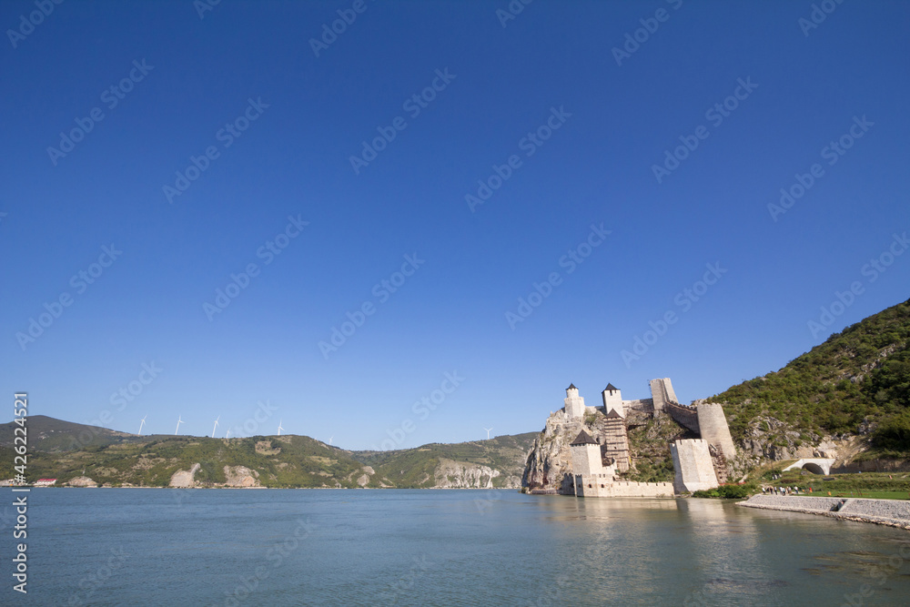 Golubac Fortress (Golubacka trvdjava, or Goluback Grad) seen from Dunav river. The Golubac Castle was a medieval fortified town on the Danube River, 4 km downstream from the current city