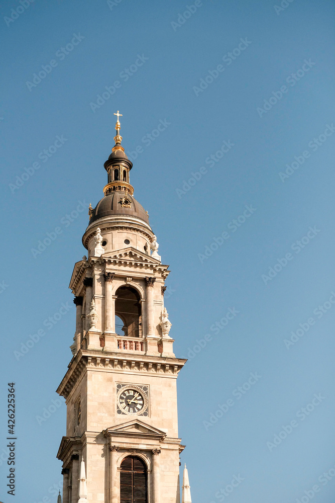 bell tower of a church on a sunny day in Budapest
