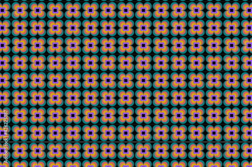 Patrón de círculos descentrados y solapados en colores pastel creando flores sobre fondo negro