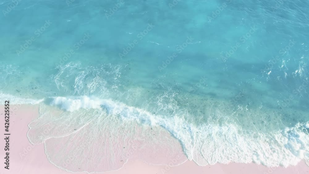 Top-down aerial of ocean waves crashing, foaming on pink sand beach. Nature nobody seascape. Sandy shore of light blue water. Tropical turquoise wavy coastline. Unique tourists landmark on Bahamas