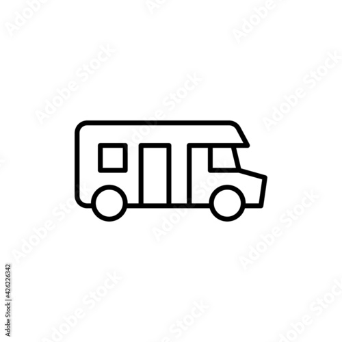 Bus, camp, camper icon, campsite car symbol in flat black line style, isolated on white background