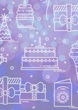 Composition of birthday cake, presents and christmas tree on purple background