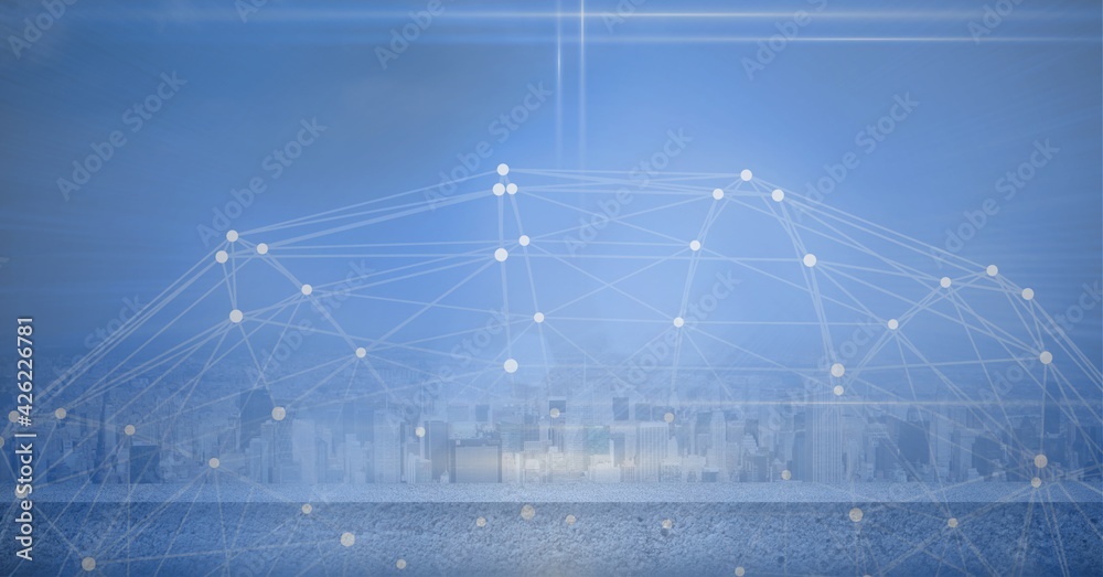 Fototapeta premium Composition of net of connections over a cityscape in background
