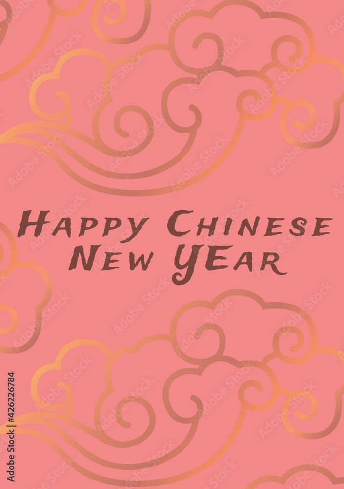 Happy chinese new year written in white on pink background with gold cloud design Happy chinese new year written in white on pink background with gold cloud design