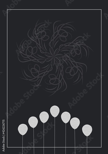 Composition of grey floral design with seven white balloons on grey background