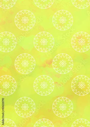 Composition of rows of white round decorations and hearts on green background
