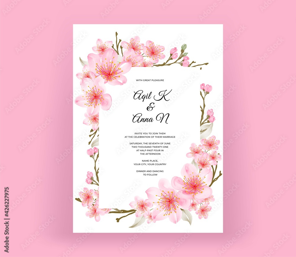 elegant wedding invitation card with beautiful flowers cherry blossom