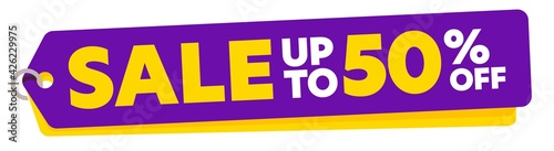 Sale up to 50 percent off special offer tag label. Bright discount badge template with half price clearance information for cheap product purchase vector illustration isolated on purple background