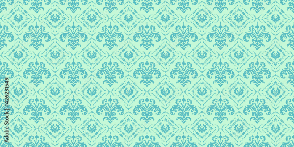 Ethnic pattern with floral ornaments on a green background, wallpaper. Seamless pattern, texture for your design