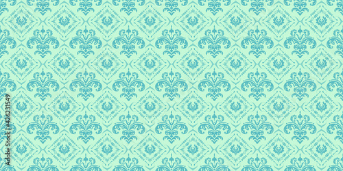 Ethnic pattern with floral ornaments on a green background, wallpaper. Seamless pattern, texture for your design