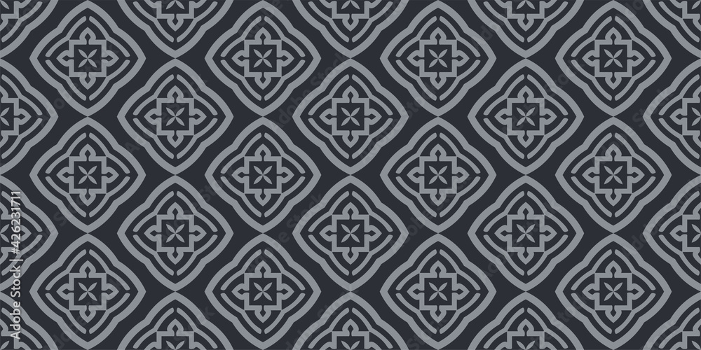 Background pattern with gray ornament on a black background. Seamless wallpaper texture for your design