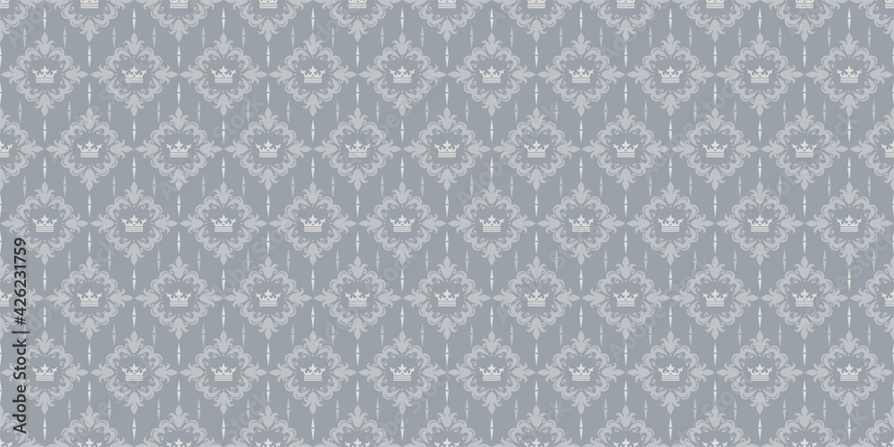 Background pattern with ornament in the royal style on a silver background. Seamless wallpaper texture for your design