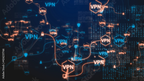 VPN, or virtual private network provides privacy, anonymity and security to users by creating a private network connection across a public network connection - 3D Illustration Rendering photo