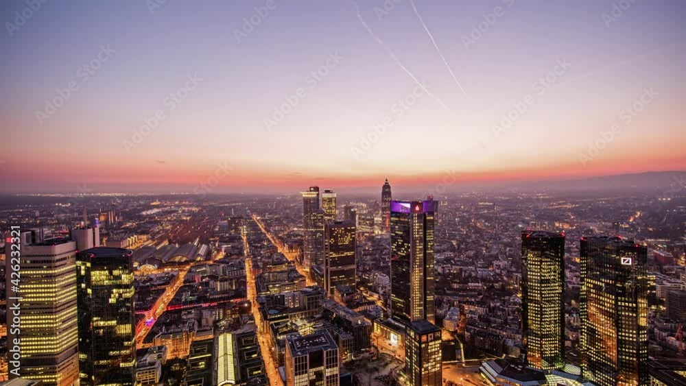 Timelapse of frankfurt skyline at sunset day to night shot in 4k
