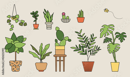 Plant pots collection.  outline simple vector illustration.