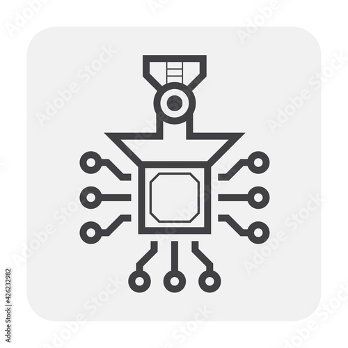 Computer production industry, equipment and technology vector icon. Consist of robot and chip, microchip or cpu. To placed on pcb board or motherboard. To repair, upgrade, assembly or manufacturing.