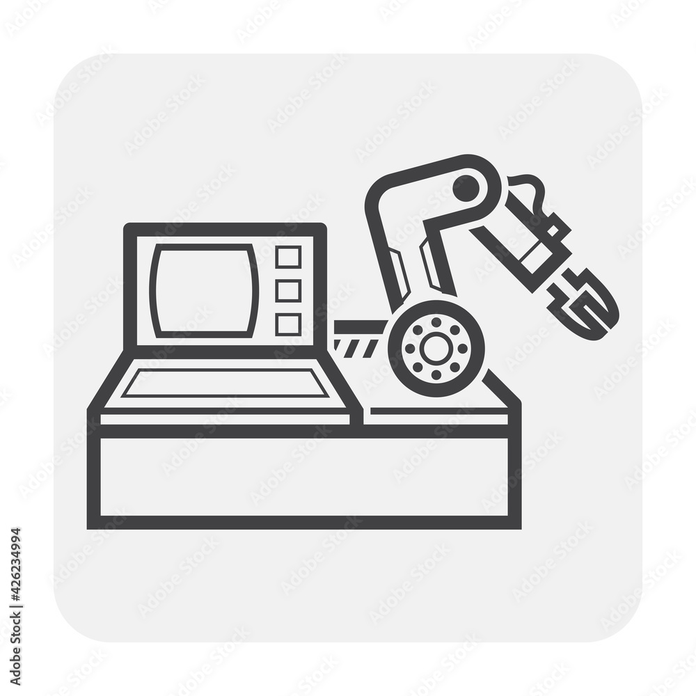 Industrial robot and computer control vector icon. Include mechanical robotic arm and hand of engineer or technician. That automation technology for industry for manufacturing and production process. Industrial robot and computer control vector icon. Include mechanical robotic arm and hand of engineer or technician. That automation technology for industry for manufacturing and production process.