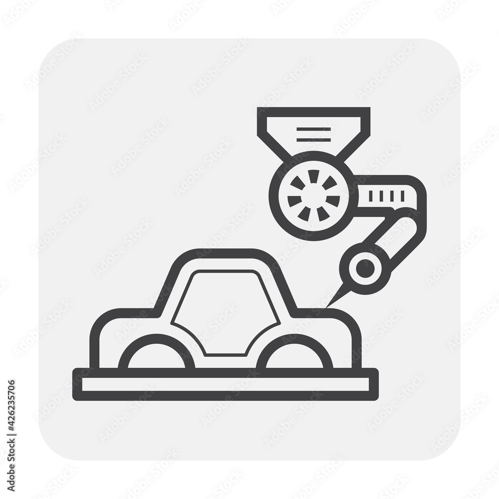 Automotive manufacturing, assembly or production industry vector icon. With car, auto part, mechanical robotic arm, industrial robot system. Machine control by automation technology to spot welding. Automotive manufacturing, assembly or production industry vector icon. With car, auto part, mechanical robotic arm, industrial robot system. Machine control by automation technology to spot welding.