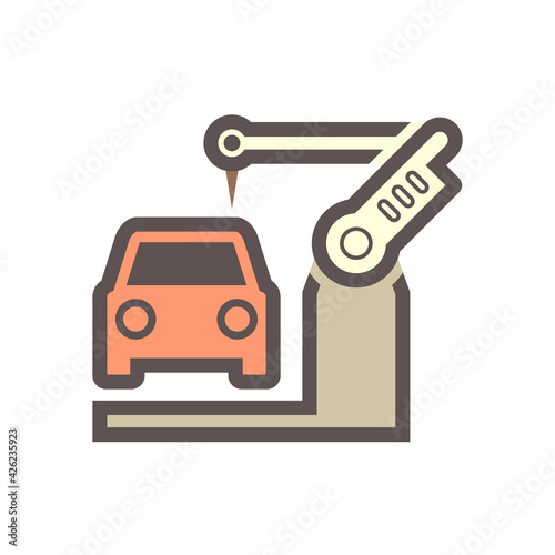 Automotive manufacturing, assembly or production industry vector icon. With car, auto part, mechanical robotic arm, industrial robot system. Machine control by automation technology to spot welding.