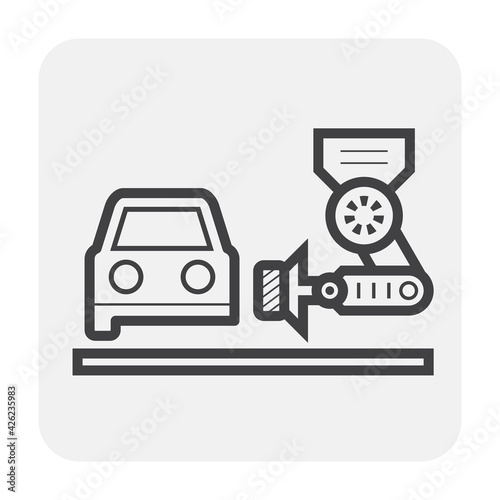 automotive assembly vector icon consist of robotics arm hand, tool and equipment. Automation machine to working automatic in factory plant. Represent Automotive industry, auto production industry.
