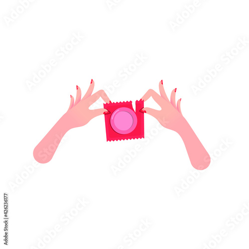 Female hands open the condom package. Concept: contraception, instructions for using a condom. Vector illustration, flat cartoon color design, isolated on white background, eps 10.