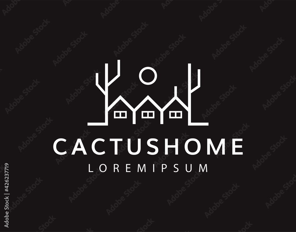 Fototapeta premium Cactus Home Logo Design Template. Western Decoration Icon Line Art Vector