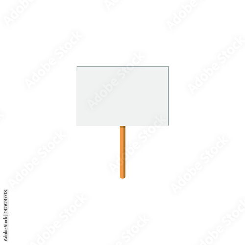 White banner, poster, signboard on a wooden handle. Vector illustration, flat minimal color design, isolated on white background, eps 10.