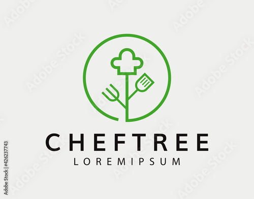 Chef Tree Logo Design Template. Kitchen Equipment Icon Line Art Vector