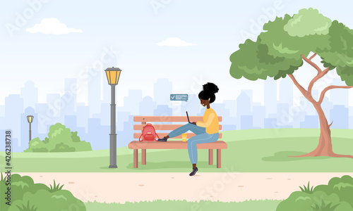 African woman freelancer. Girl with laptop sitting on bench in park. Concept illustration for working outdoors, studying, communication, healthy lifestyle. Vector illustration in flat cartoon style.