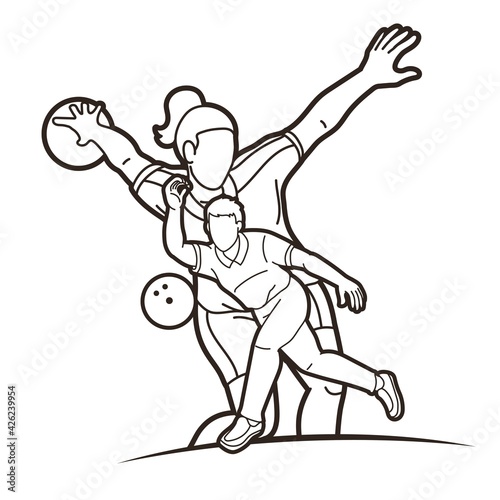 Group of Bowling Sport Players Men and Women Pose Cartoon Graphic Vector