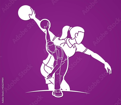 Group of Bowling Sport Players Men and Women Pose Cartoon Graphic Vector