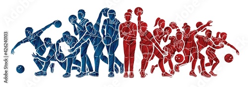 Group of Bowling Sport Players Men and Women Pose Cartoon Graphic Vector