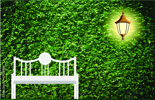 a street lantern with plant green wall. White chair