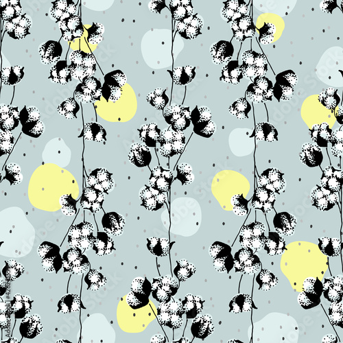 Cotton plant floral seamless pattern, twig with soft bud on gray background, white fluff and sunny yellow highlights, polka dot background