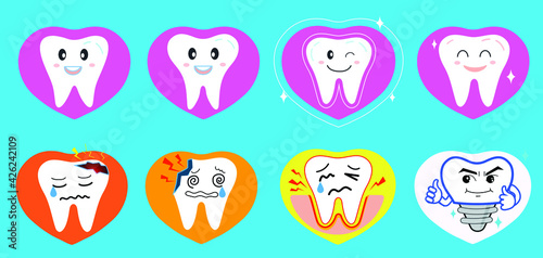 teeth set. Cute tooth characters. Dental personage vector illustration. Dental concept for your design. Oral hygiene, teeth cleaning
