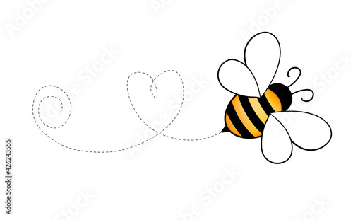 Set of cartoon bee mascot. A small bees flying on a dotted route. Wasp collection. Vector characters. Incest icon. Template design for invitation, cards. Doodle style