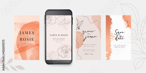 Luxury Pink Social Media, mobile  Wedding invite frame templates. Vector background. Invitation mobile Floral with golden collage layout design.