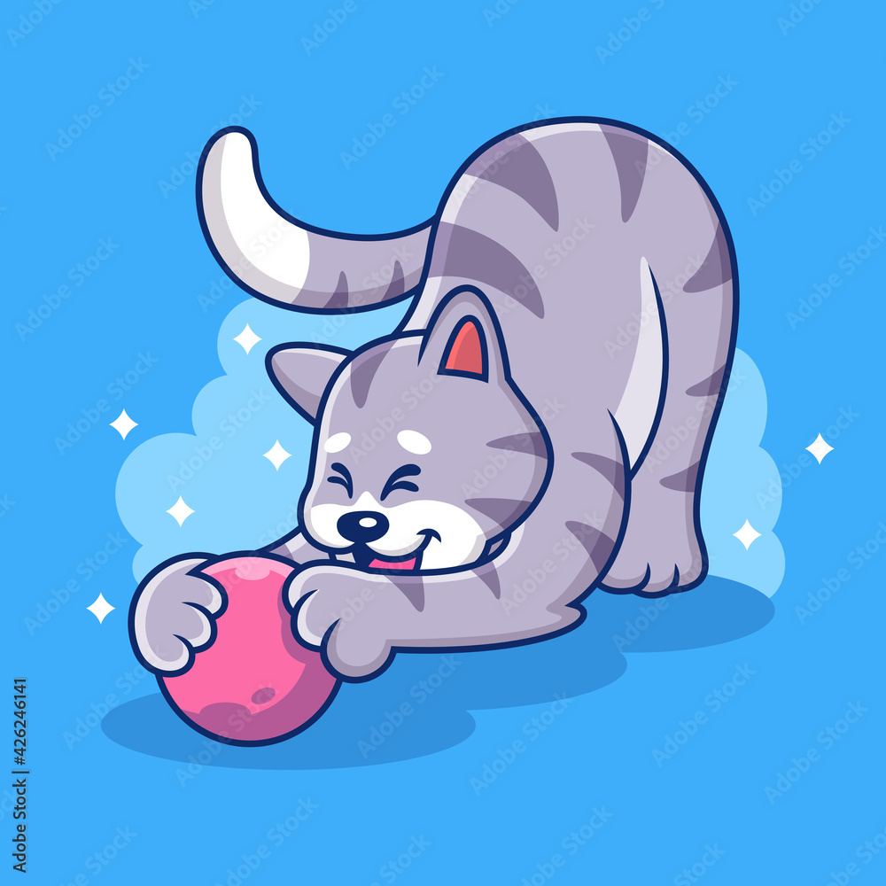 Cute Cat Playing Ball with Funny Poses. Animal Vector Icon Illustration, Isolated on Premium Vector