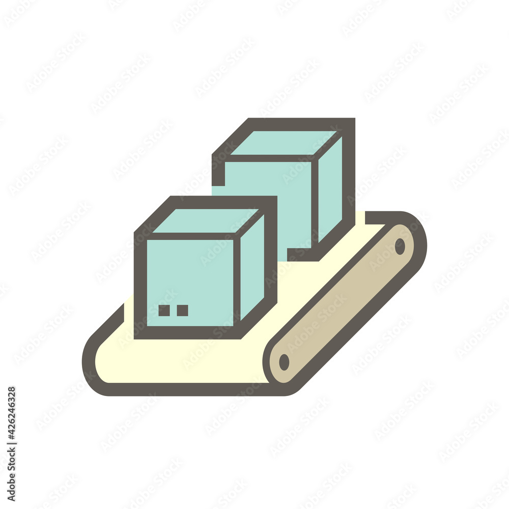 Factory plant production line vector icon. That industrial process consist of conveyor belt machine and cardboard box product packaging. Automatic system for manufacturing, distribution and shipping. Factory plant production line vector icon. That industrial process consist of conveyor belt machine and cardboard box product packaging. Automatic system for manufacturing, distribution and shipping.