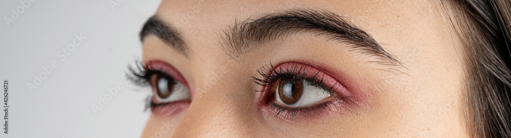 Obraz premium Macro shot of woman eye makeup with red eyeshadow. Close-up of woman eyelashes. Panoramic shot.